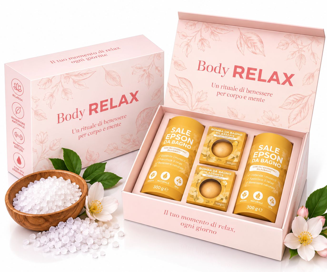 Set regalo Body Relax con sali da bagno e bombe da bagno in confezione rosa.