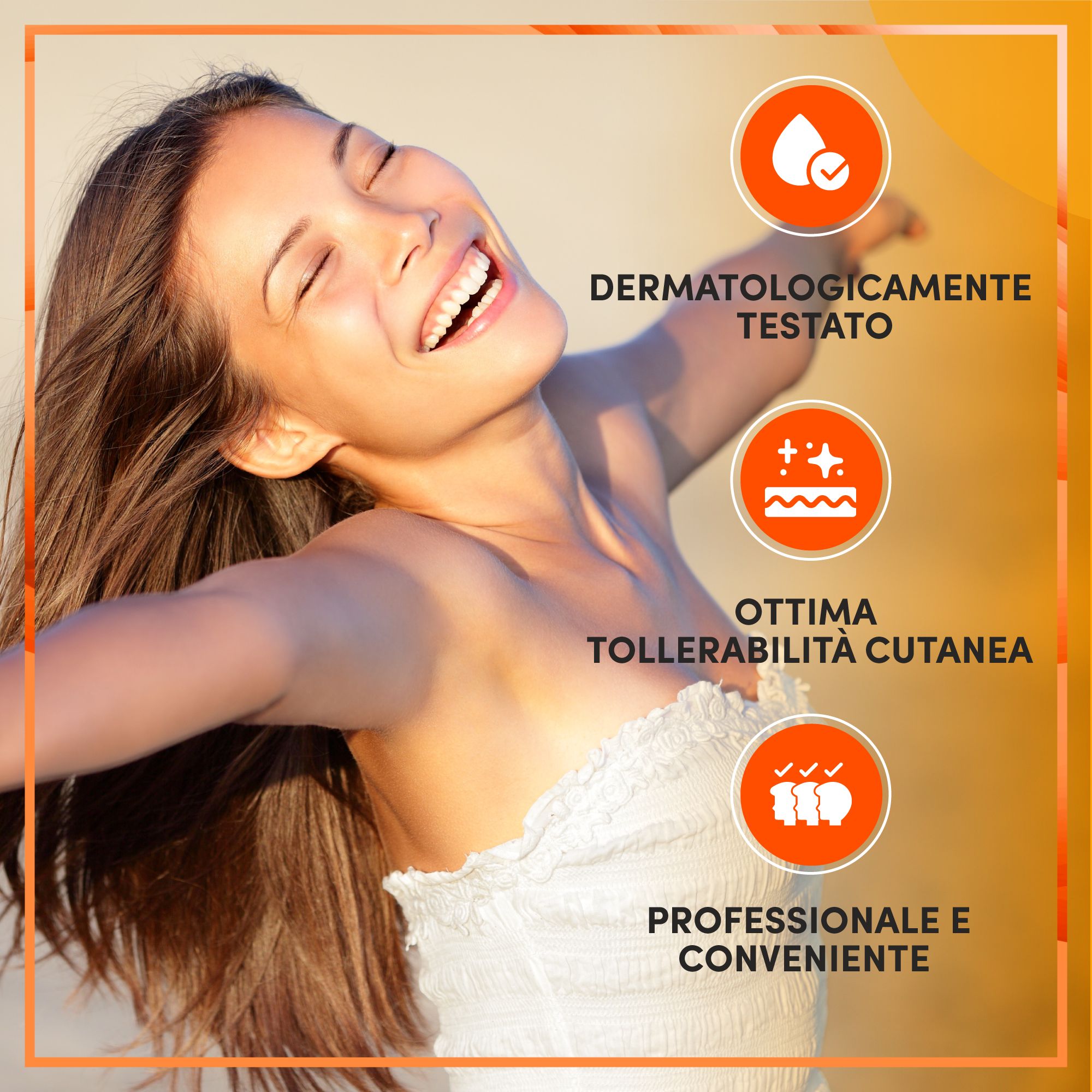 Donna sorridente. Testo: Dermatologicamente testato, ottima tollerabilità cutanea, professionale e conveniente. Vantaggi del prodotto.