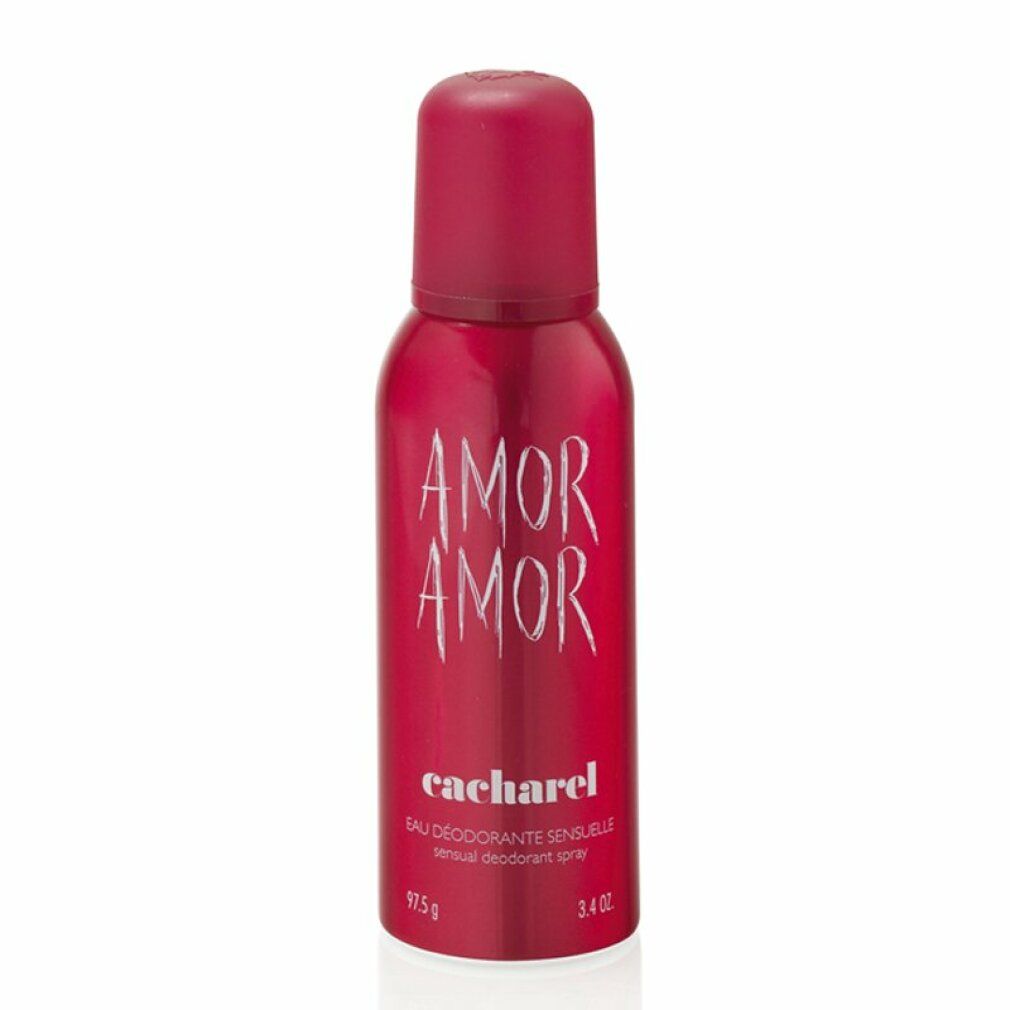Flacone spray deodorante rosso con tappo rosso. Scritta "AMOR AMOR" e "cacharel". Testo: "Eau Déodorante Sensuelle".