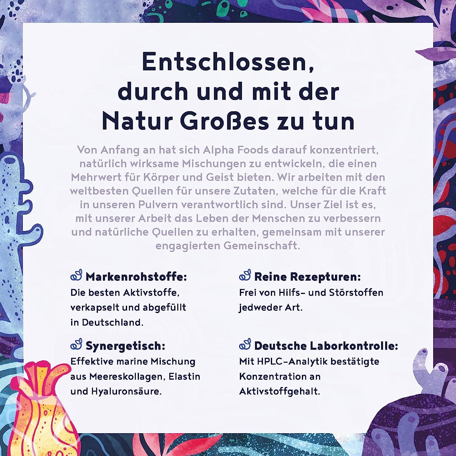 Testo su Alpha Foods e il suo impegno per gli ingredienti naturali. Punti chiave: Materie prime di marca, ricette pure, sinergiche, controllo di laboratorio tedesco.