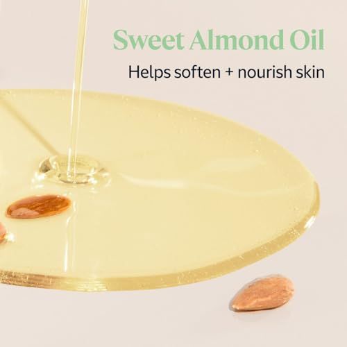 Olio versato su una superficie. Mandorle e olio. Testo: Sweet Almond Oil, Helps soften + nourish skin.