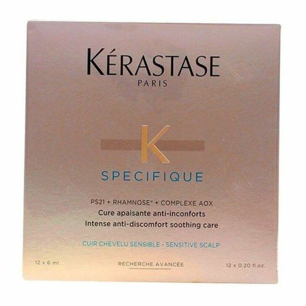 Confezione Kérastase Specifique rosa. Contiene nome prodotto, ingredienti, 12 x 6ml. Per cuoio capelluto sensibile.
