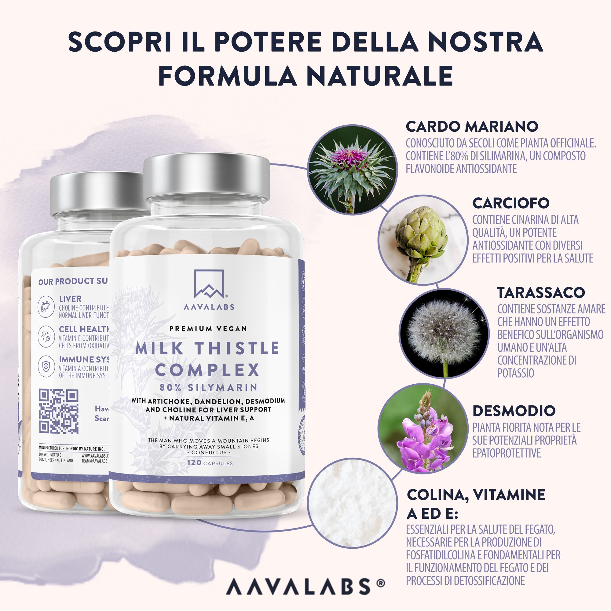 Due flaconi di capsule e illustrazioni. Marchio: Aavalabs. Informazioni su ingredienti e benefici.