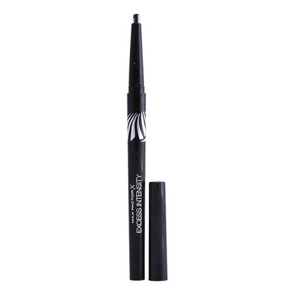 Eyeliner nero aperto, con matita nera e cappuccio. Scritta: Max Factor Excess Intensity.