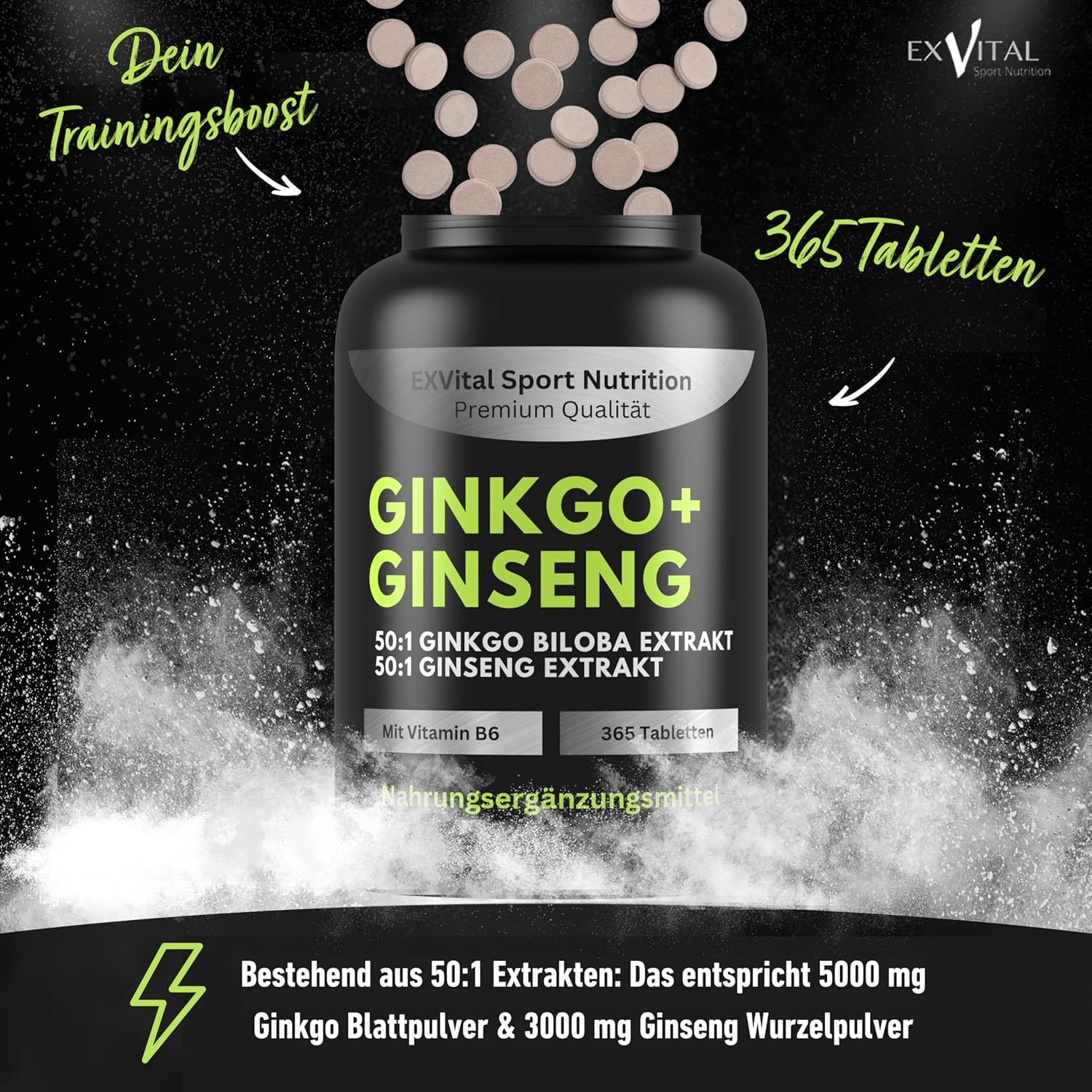 Flacone nero con compresse. Scritta: EXVital Ginkgo + Ginseng, 365 compresse. Compresse che cadono dal flacone.