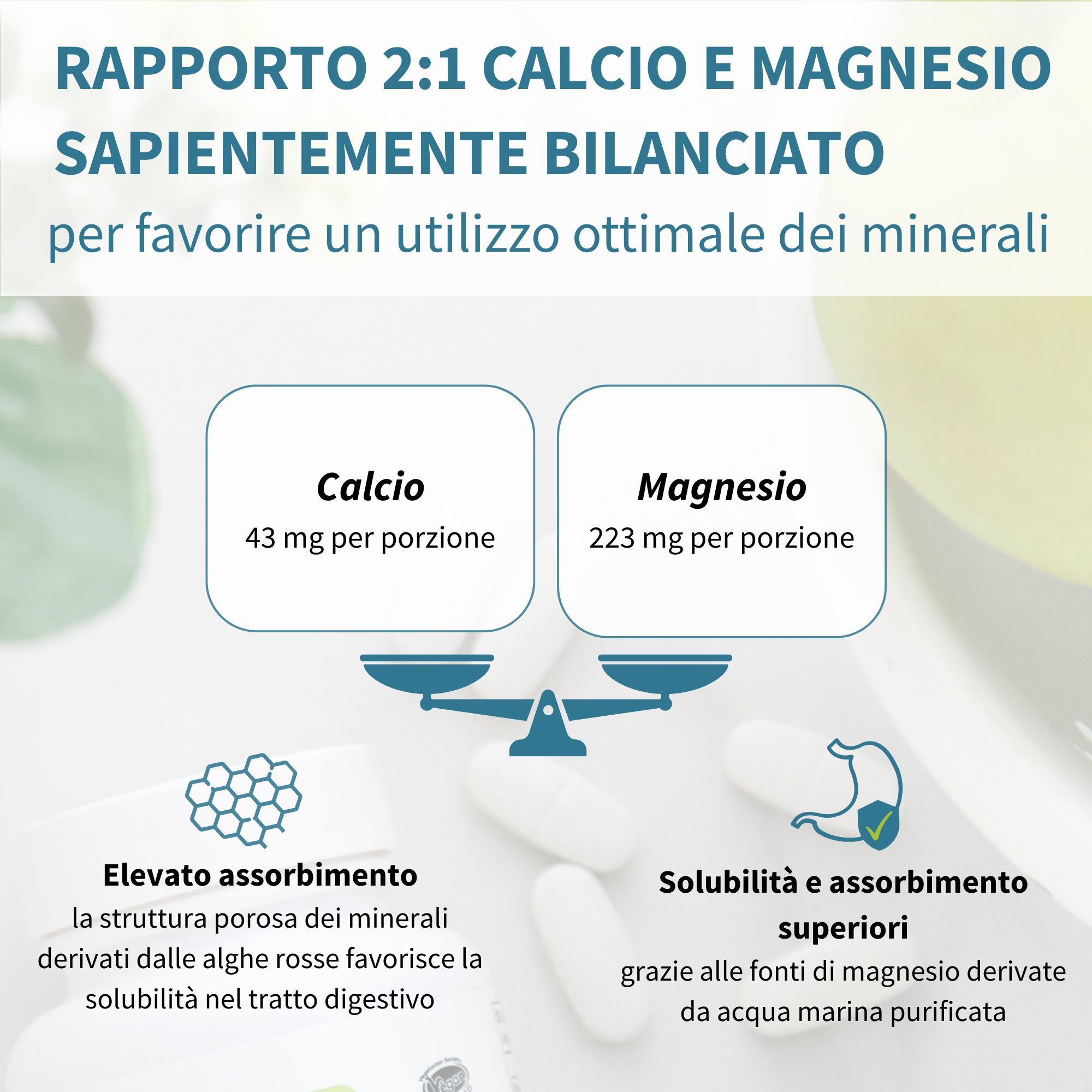 Grafico che mostra calcio e magnesio in rapporto 2:1, con 43mg di calcio e 223mg di magnesio per porzione.