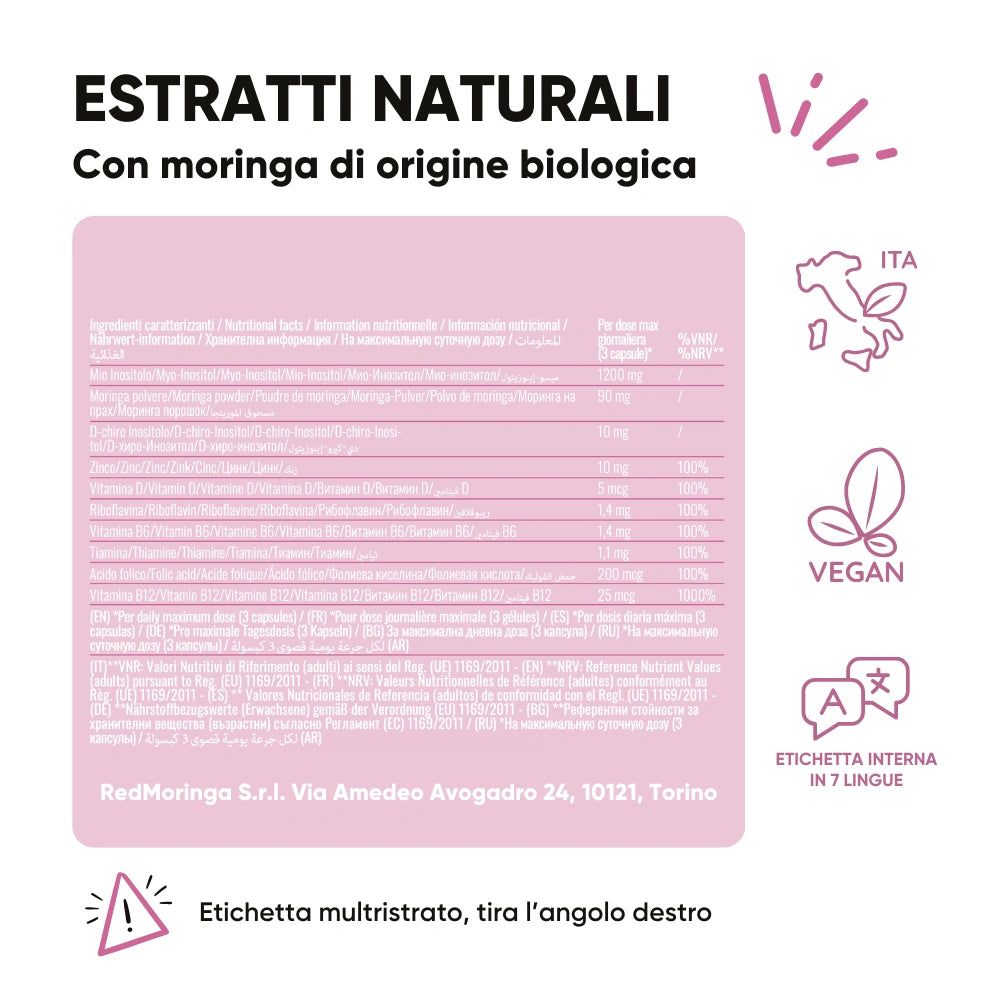 Tabella nutrizionale con testo in 7 lingue. Simbolo vegano. Testo: RedMoringa S.r.l. Via Amedeo Avogadro 24, 10121, Torino.