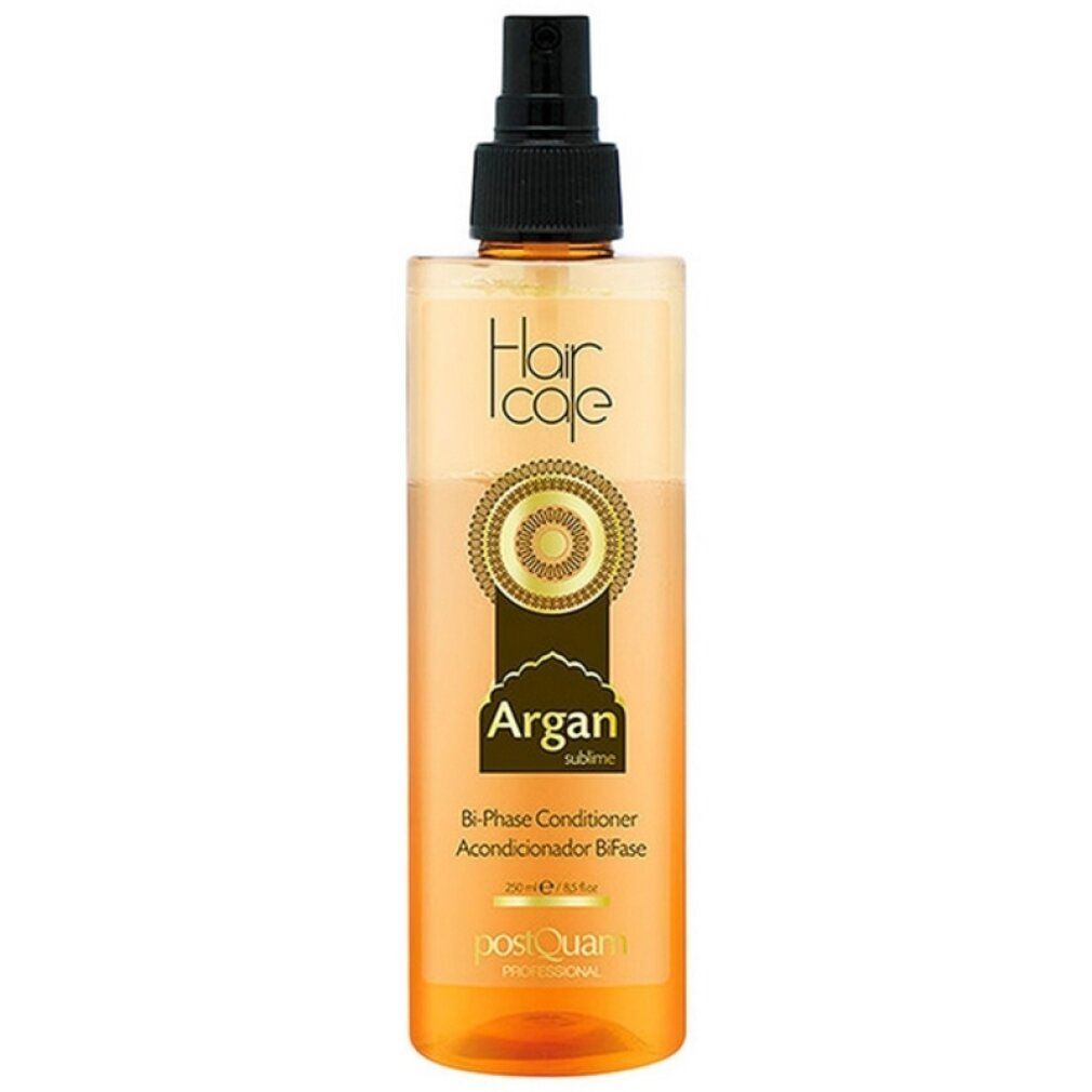 Balsamo per capelli con vaporizzatore. Scritta: Hair Icole, Argan, Bi-Phase Conditioner. Liquido dorato e trasparente.