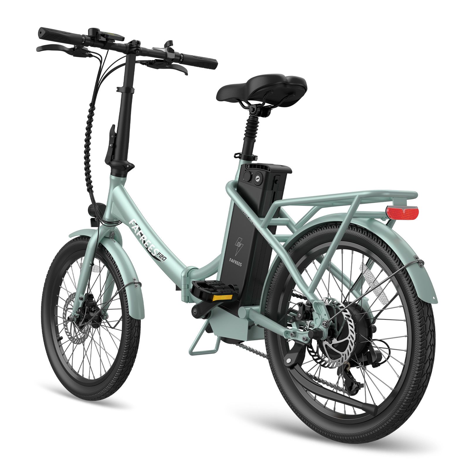 E-bike Fafrees F20 verde chiaro. Pneumatici, sella e manubrio neri. Batteria sul telaio. Portapacchi posteriore.