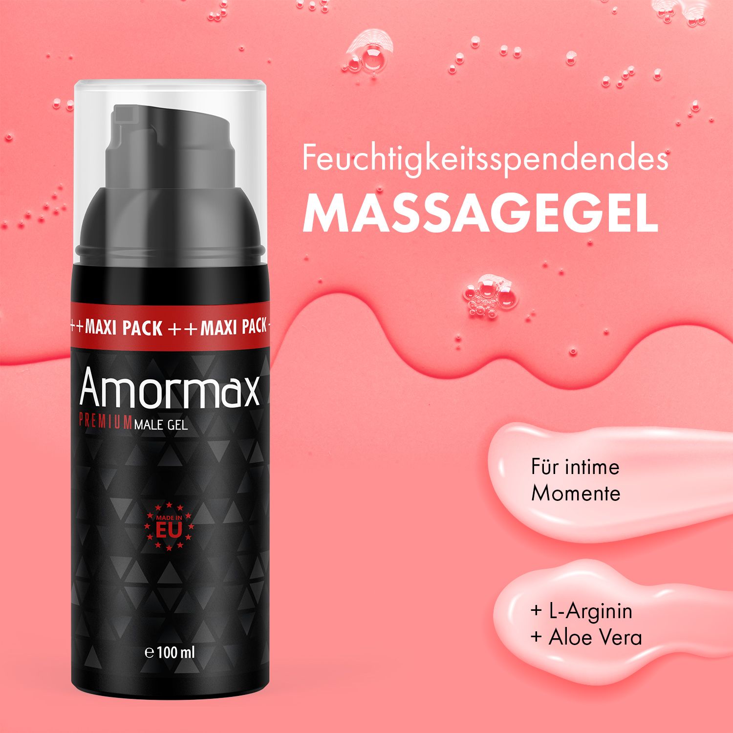 Flacone Amormax Premium Male Gel. Flacone nero con pompa, testo rosso. Certificazione UE. Su sfondo rosa con testo: Gel massaggio per momenti intimi.