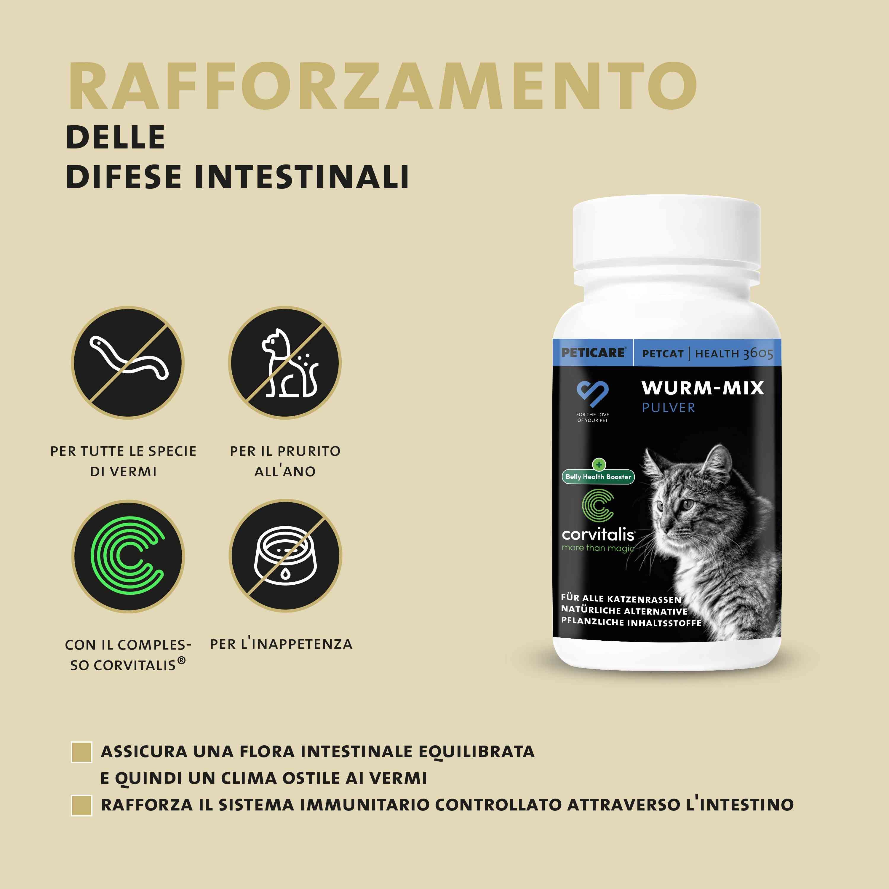 Contenitore Peticare Wurm-Mix polvere con icone per la salute intestinale.