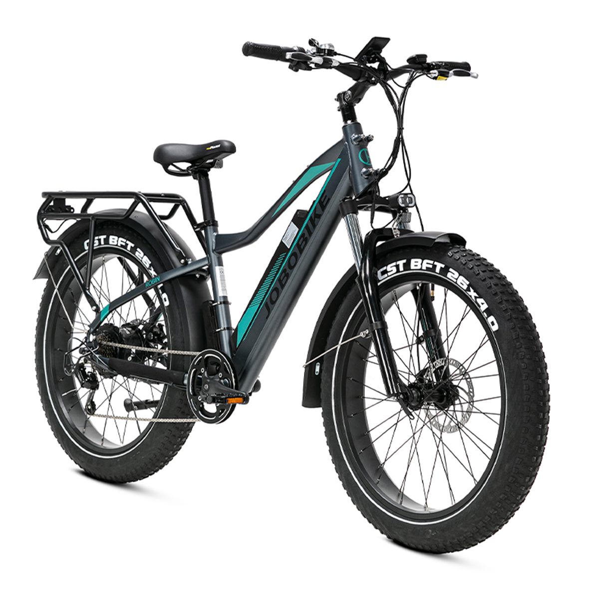 Bicicletta elettrica JOBOBIKE Robin grigio-turchese. Pneumatici larghi, portapacchi, parafanghi. Scritte visibili: JOBOBIKE, CST BFT 26x4.0.