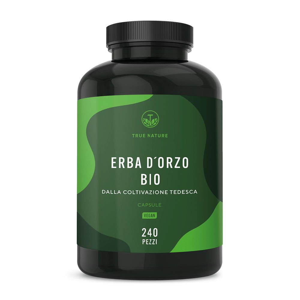 Flacone scuro con etichetta verde. Contiene capsule. Scritta: ERBA D'ORZO BIO DALLA COLTIVAZIONE TEDESCA. Vegano. 240 pezzi.