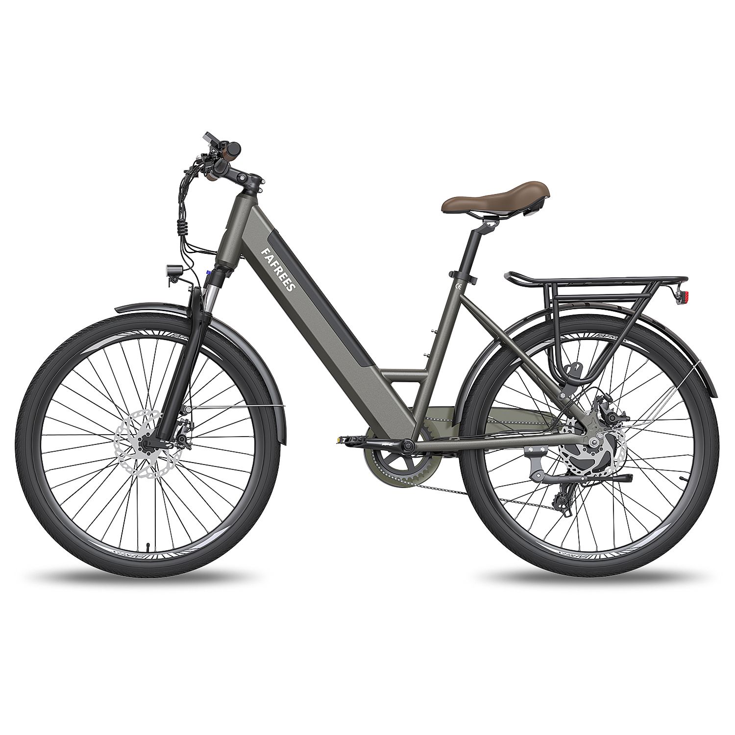 E-bike grigia FAFREES con sella marrone e portapacchi. Parafanghi e pneumatici neri. Vista laterale.