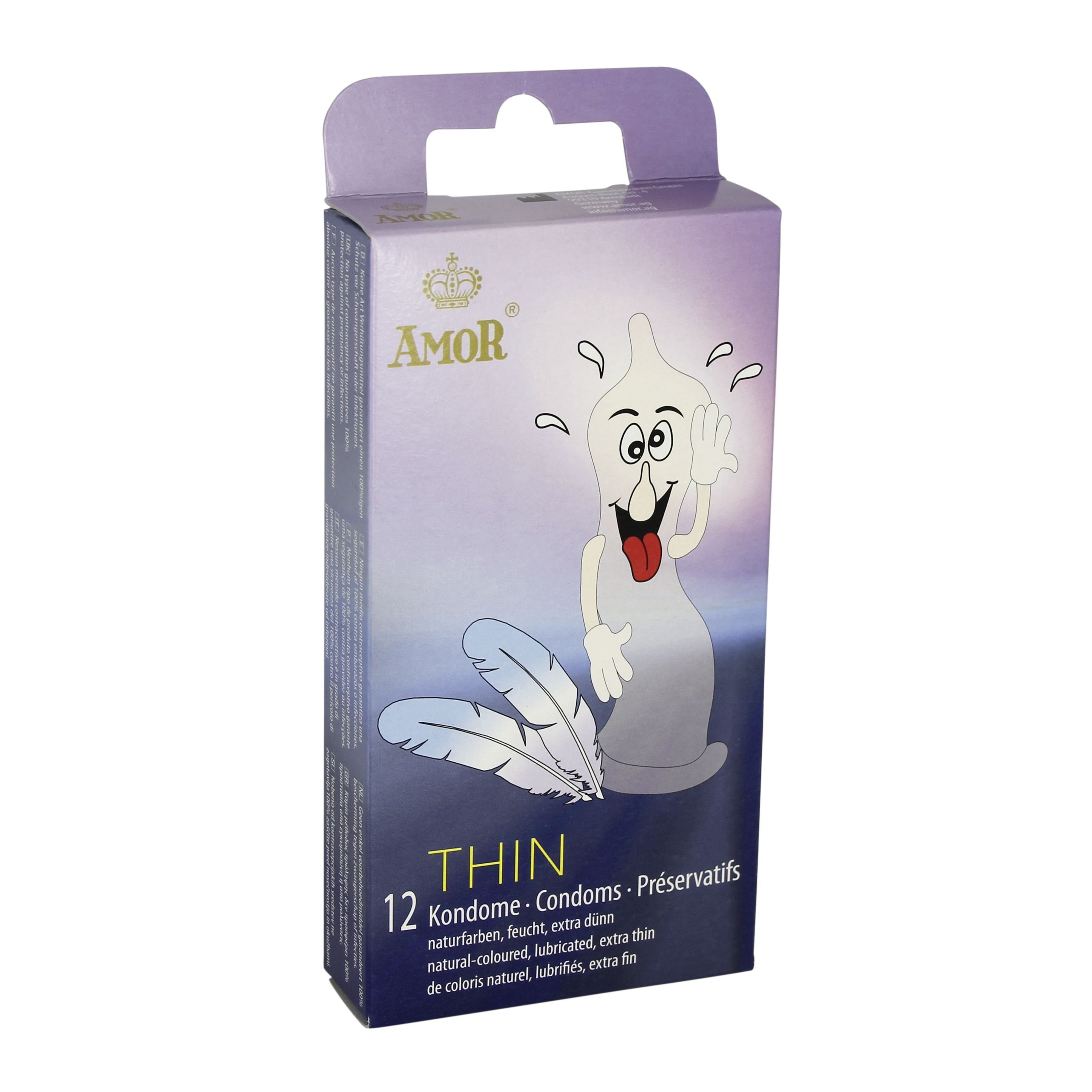 Scatola di preservativi Amor Thin, 12 pezzi. Con personaggio dei cartoni animati e piume. Con gancio.