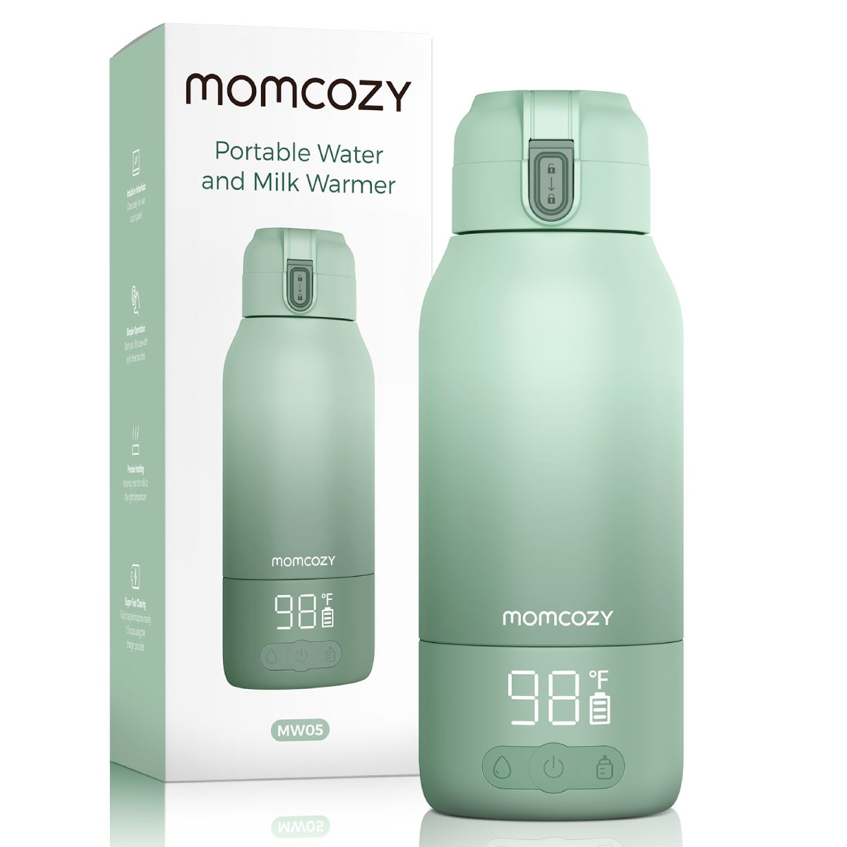Scaldabiberon verde accanto alla confezione. Confezione con logo Momcozy, nome del prodotto e immagine dello scaldabiberon.