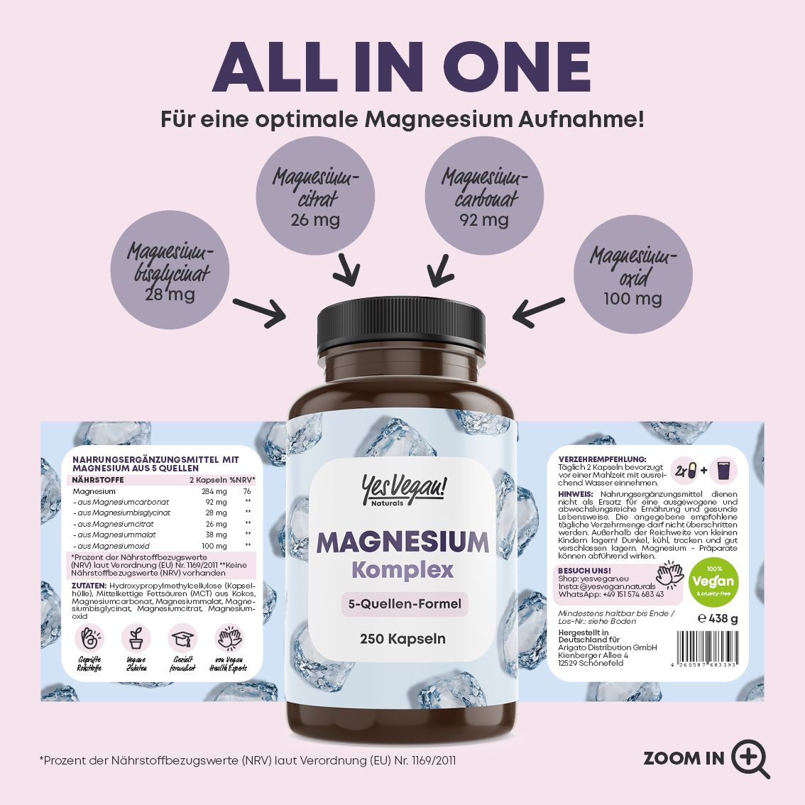 Flacone da 250 capsule di magnesio, formula 5 fonti. Informazioni su ingredienti e assorbimento.