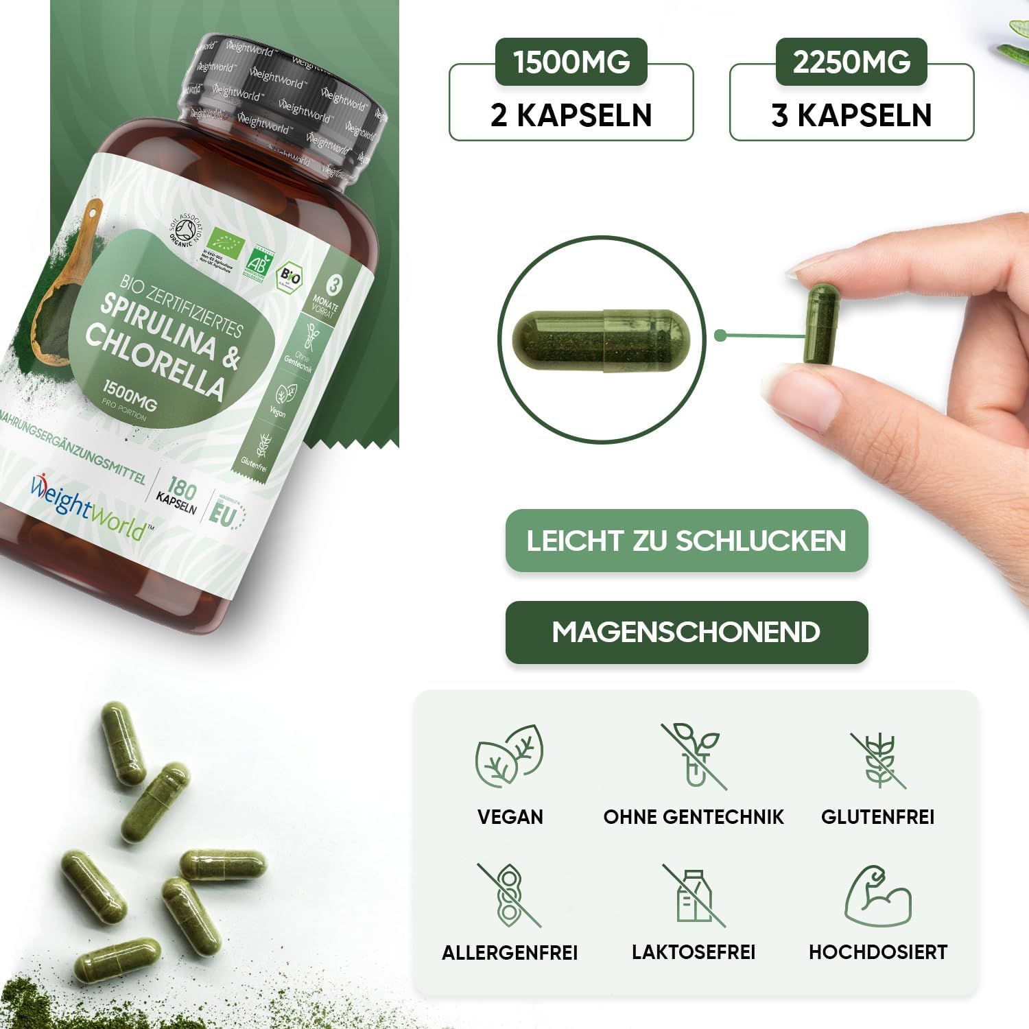 Flacone e capsule. Testo: 1500mg, 2 capsule. Facile da deglutire, delicato sullo stomaco. Vegano, senza OGM, senza glutine.
