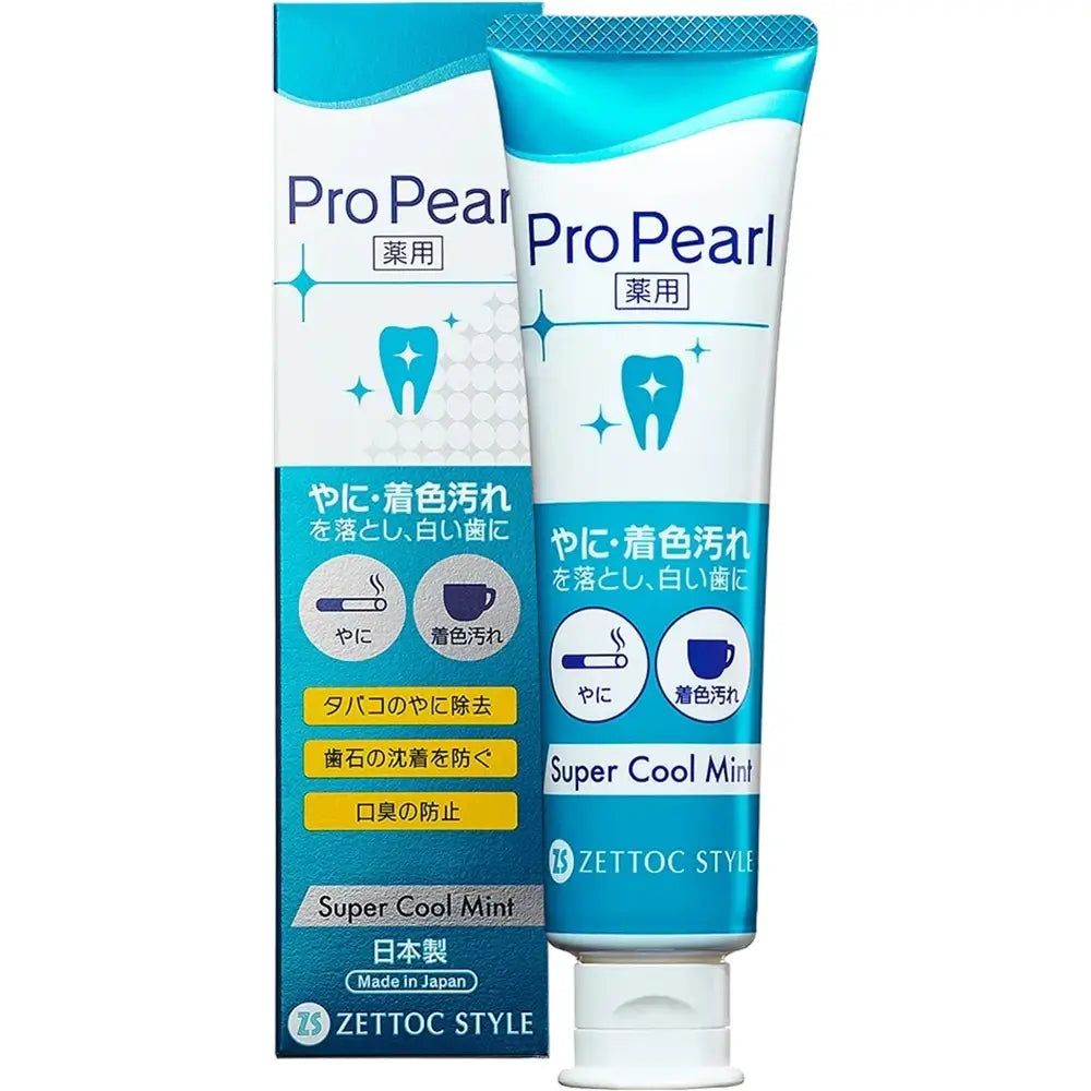 Tubo di dentifricio ProPearl Super Cool Mint accanto alla confezione. Design bianco e blu, scritta giapponese, Made in Japan.