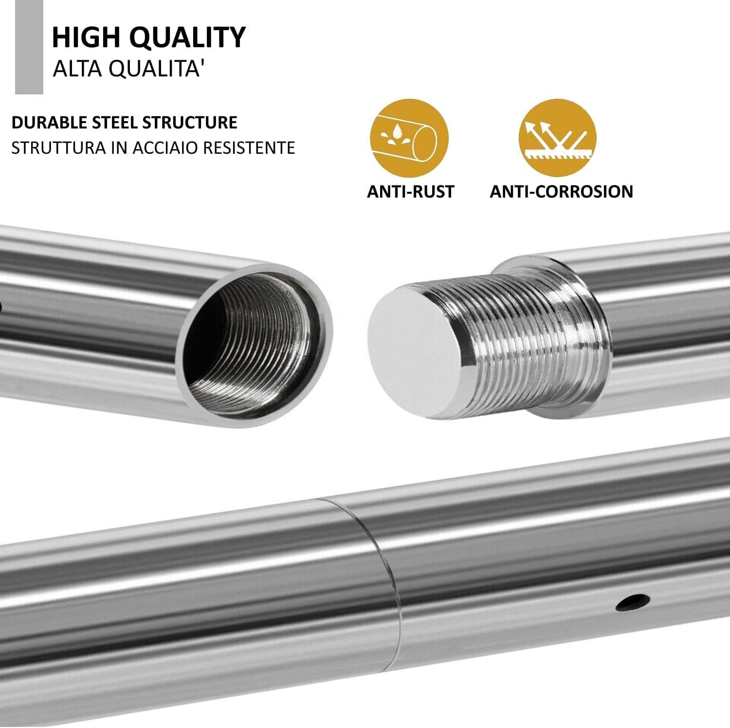 Due aste metalliche filettate, mostrate separate. Testo: "HIGH QUALITY ALTA QUALITA'". Simboli: Anti-ruggine e Anti-corrosione.