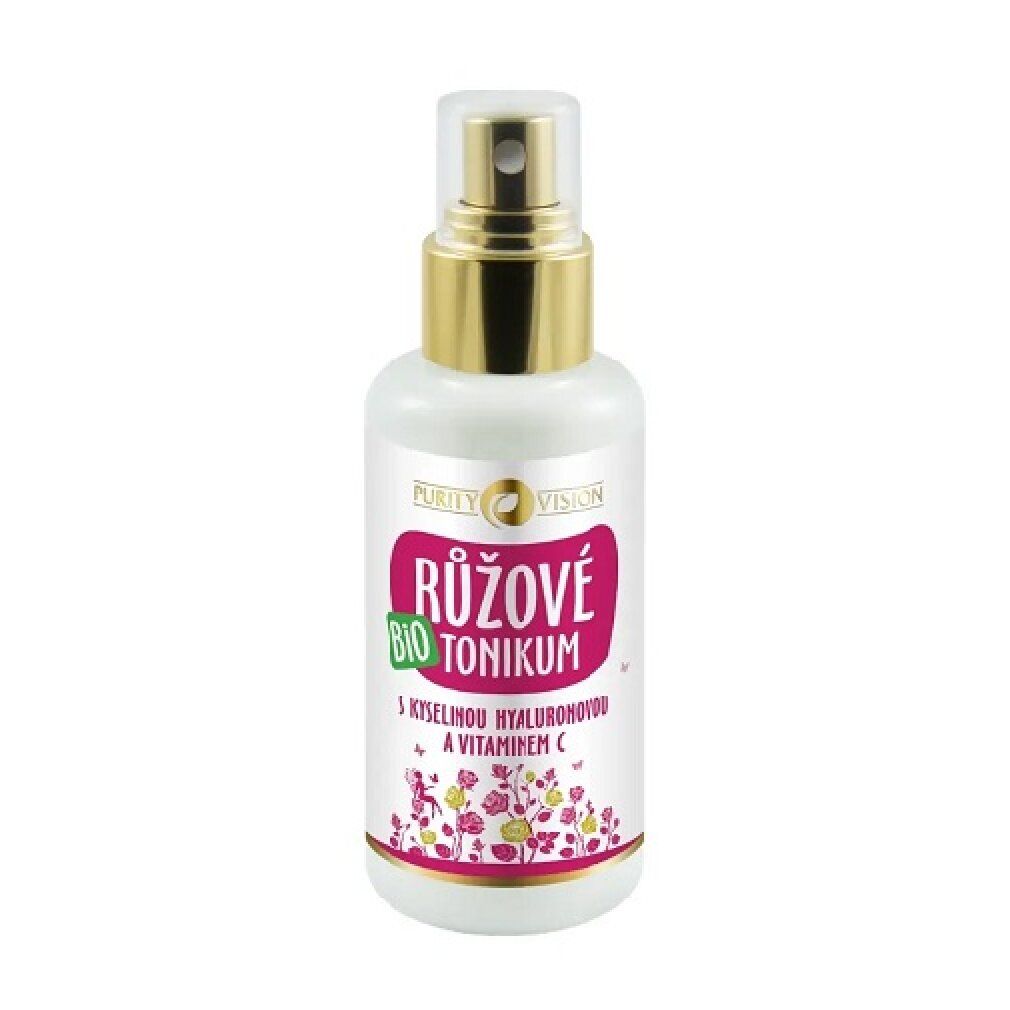 Flacone spray bianco con erogatore dorato. Etichetta con scritta rosa: "RŮŽOVÉ BIO TONIKUM".