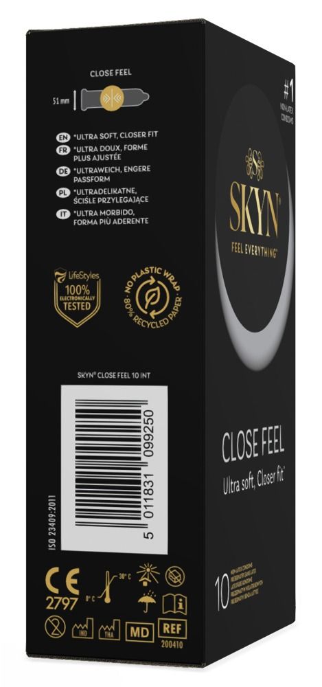 Scatola nera SKYN. Contiene 10 preservativi. Scritto: Close Feel, Ultra soft, Closer fit. Confezione in carta riciclata.