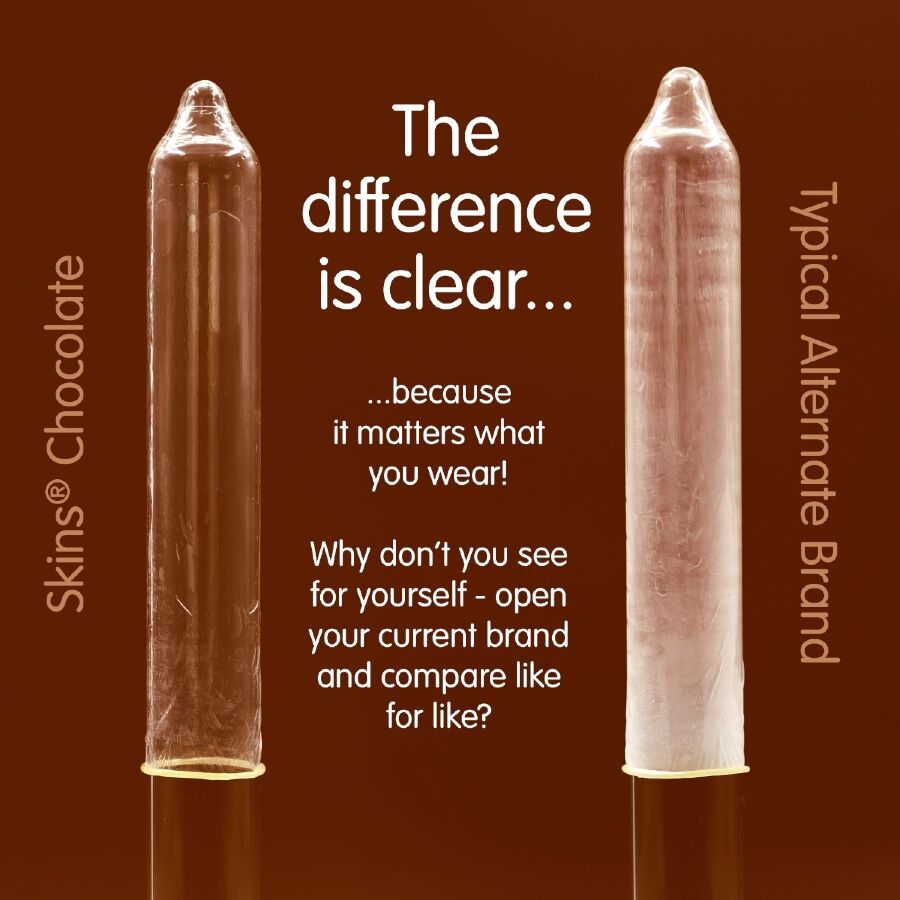 Due preservativi trasparenti affiancati. A sinistra: Skins Chocolate. A destra: Marchio alternativo. Testo: The difference is clear.