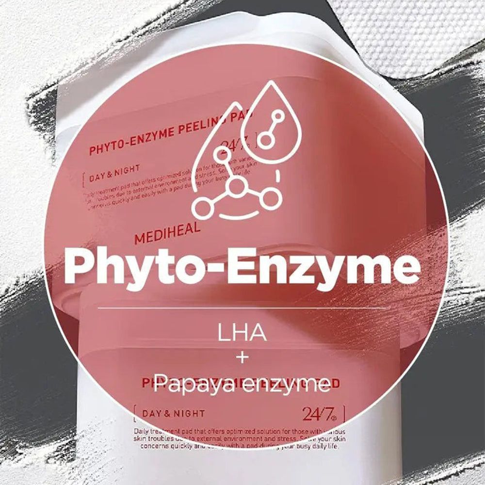Adesivo rotondo con testo "Phyto-Enzyme" e nome del prodotto. Logo e testo "LHA + Papayaenzymed".