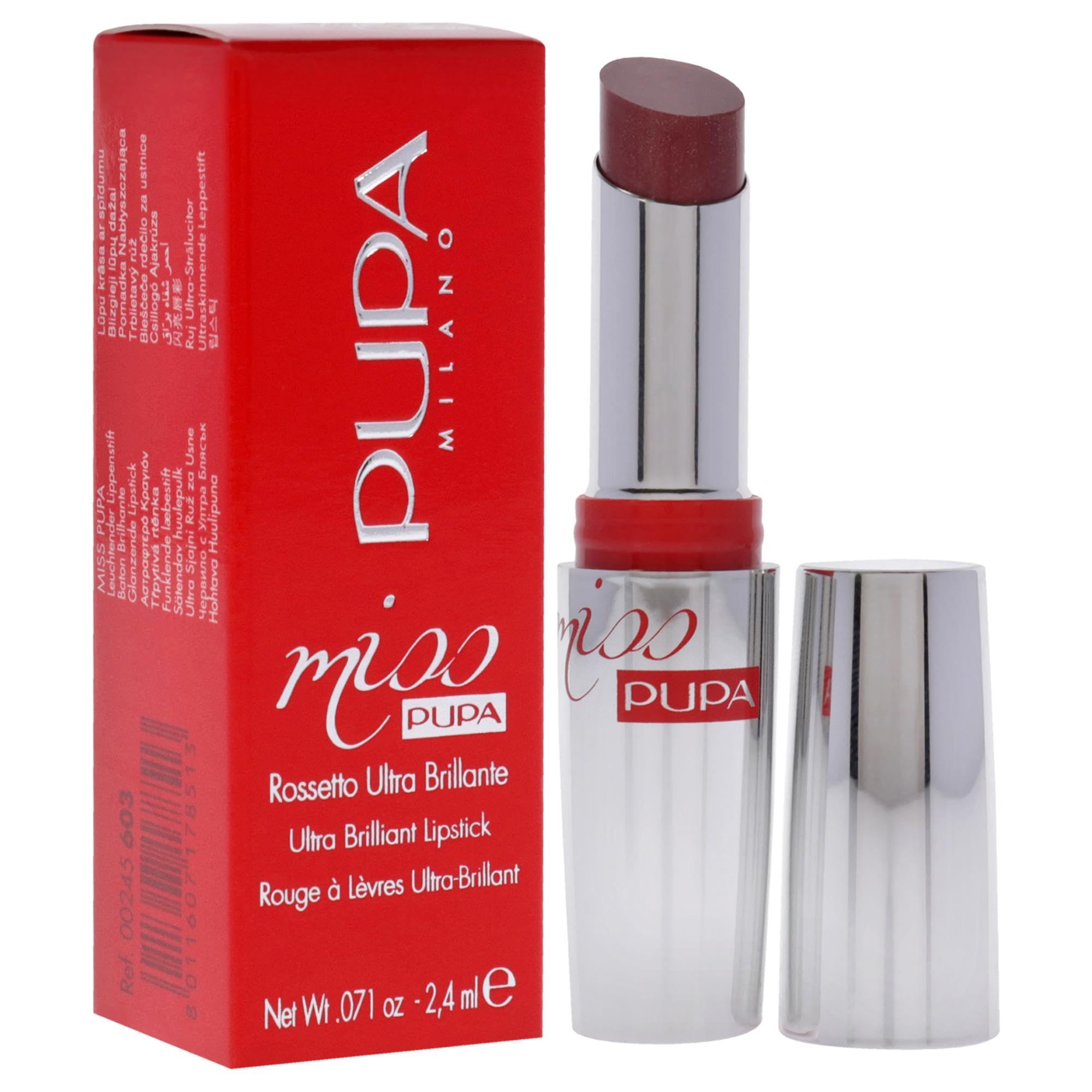 Pupa Rossetto Miss Pupa 603 con confezione rossa. Rossetto argento, aperto. Rossetto bordeaux scuro.