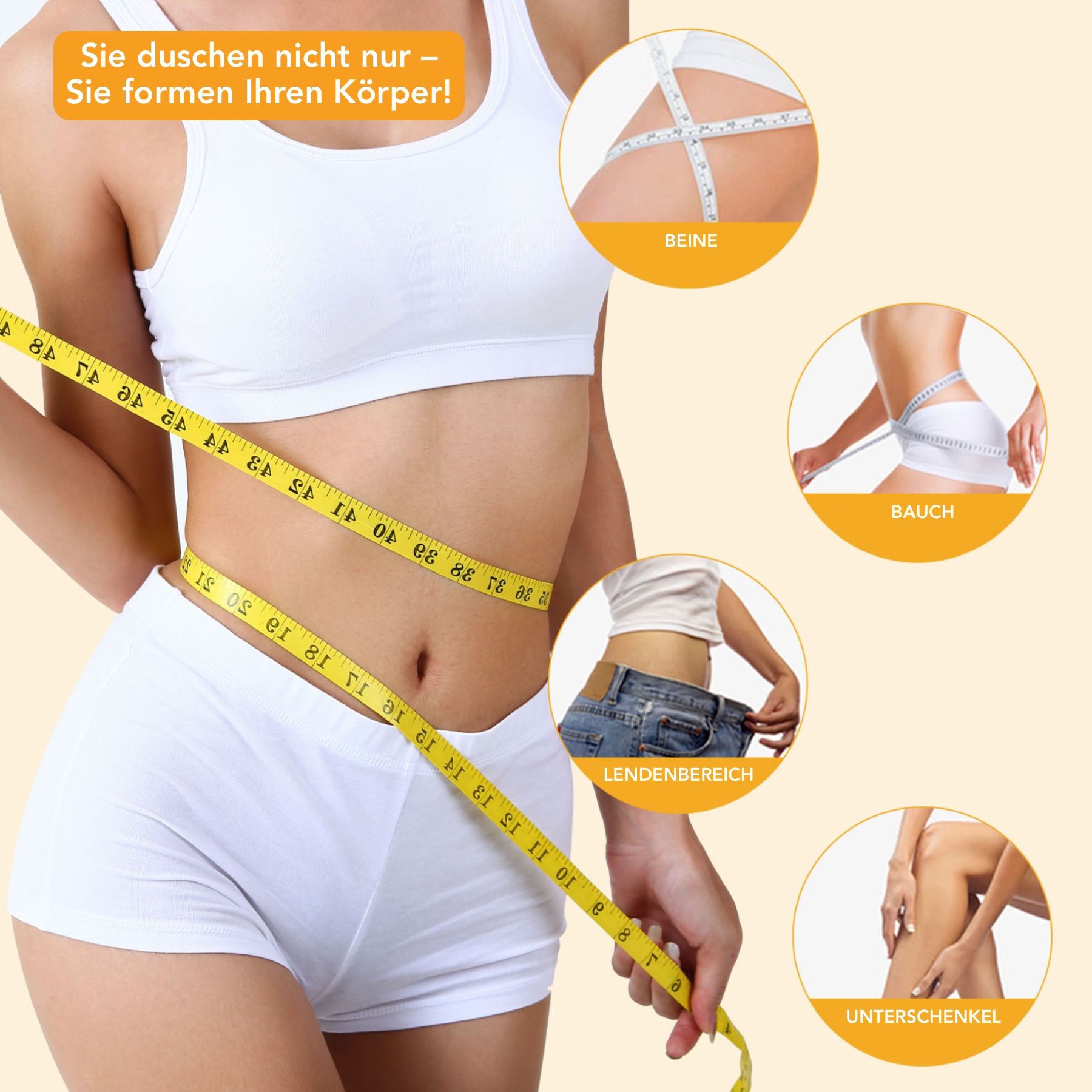 Donna con metro a nastro. Cerchi con testo: gambe, pancia, zona lombare, polpacci. Sapone giallo.