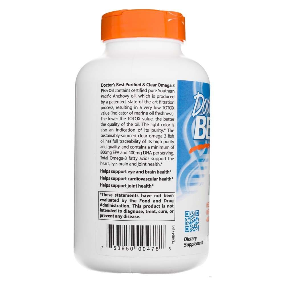 Retro di un flacone di olio di pesce Doctor's Best Omega 3 con descrizione del prodotto e codice a barre. Bianco con tappo arancione.