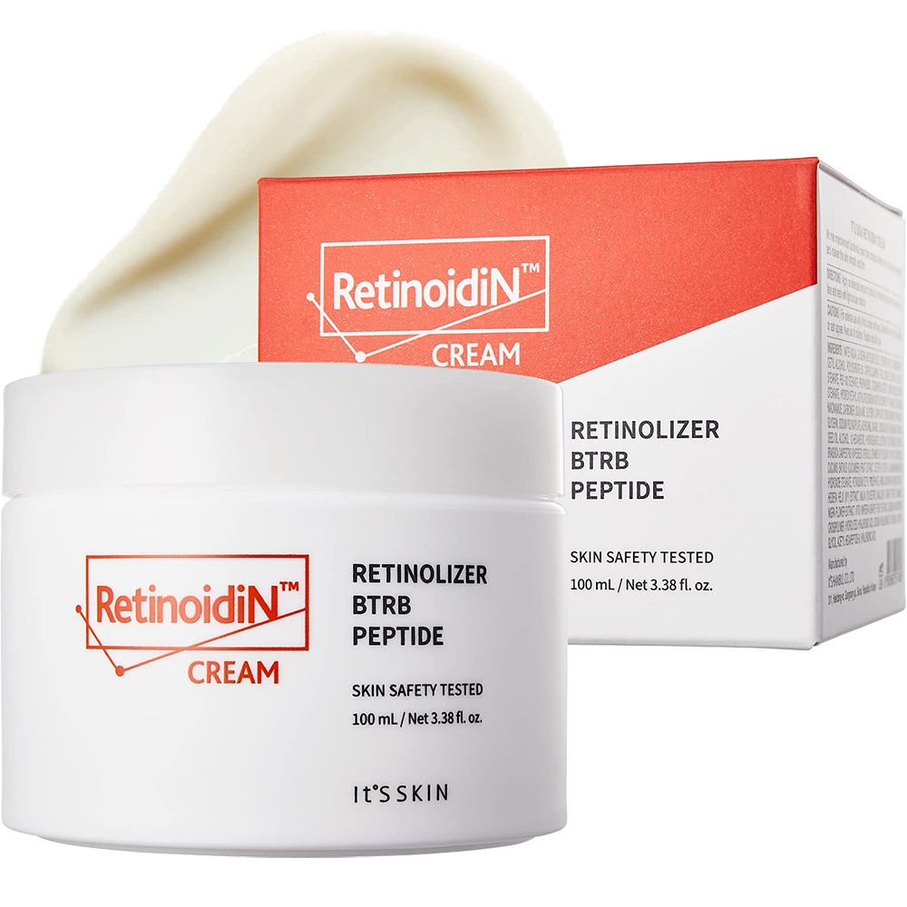 Vasetto bianco con crema e scatola. Scritta Retinoidin N Cream, Retinolizer BTRB Peptide. Scatola accanto.