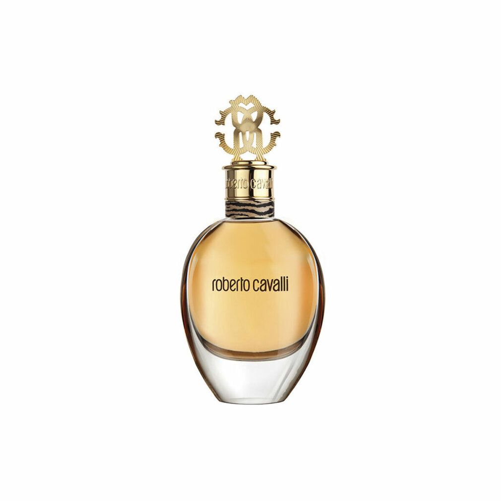 Flacone rotondo con tappo dorato. Scritta 'roberto cavalli'.