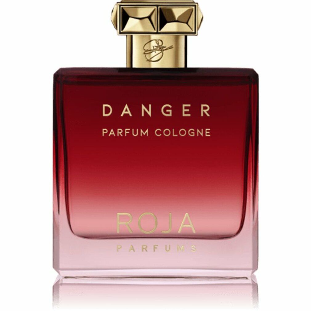 Flacone quadrato sfumato rosso-rosa. Tappo dorato. Scritte: Danger Parfum Cologne, Roja Parfums.