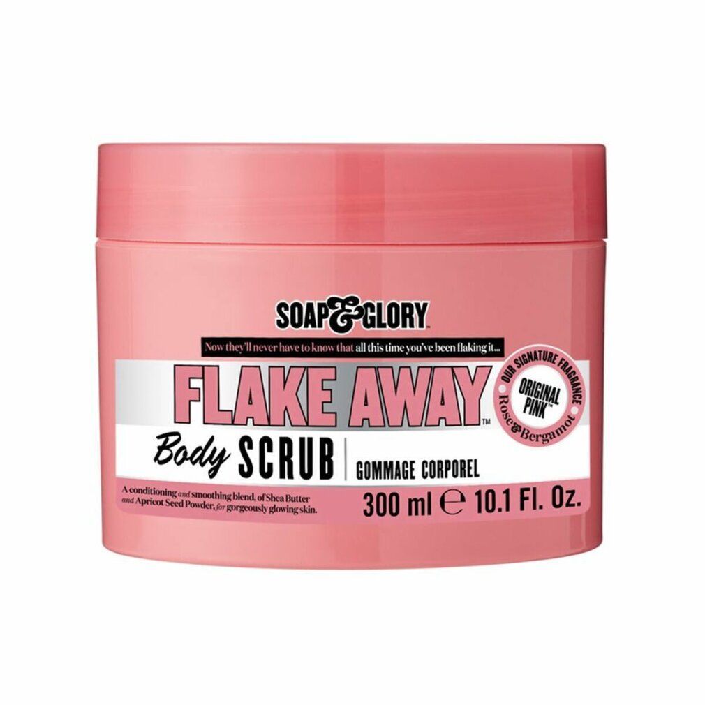 Barattolo rosa con etichetta bianca. Scritto: Flake Away Body Scrub, 300 ml. Marchio: Soap & Glory.