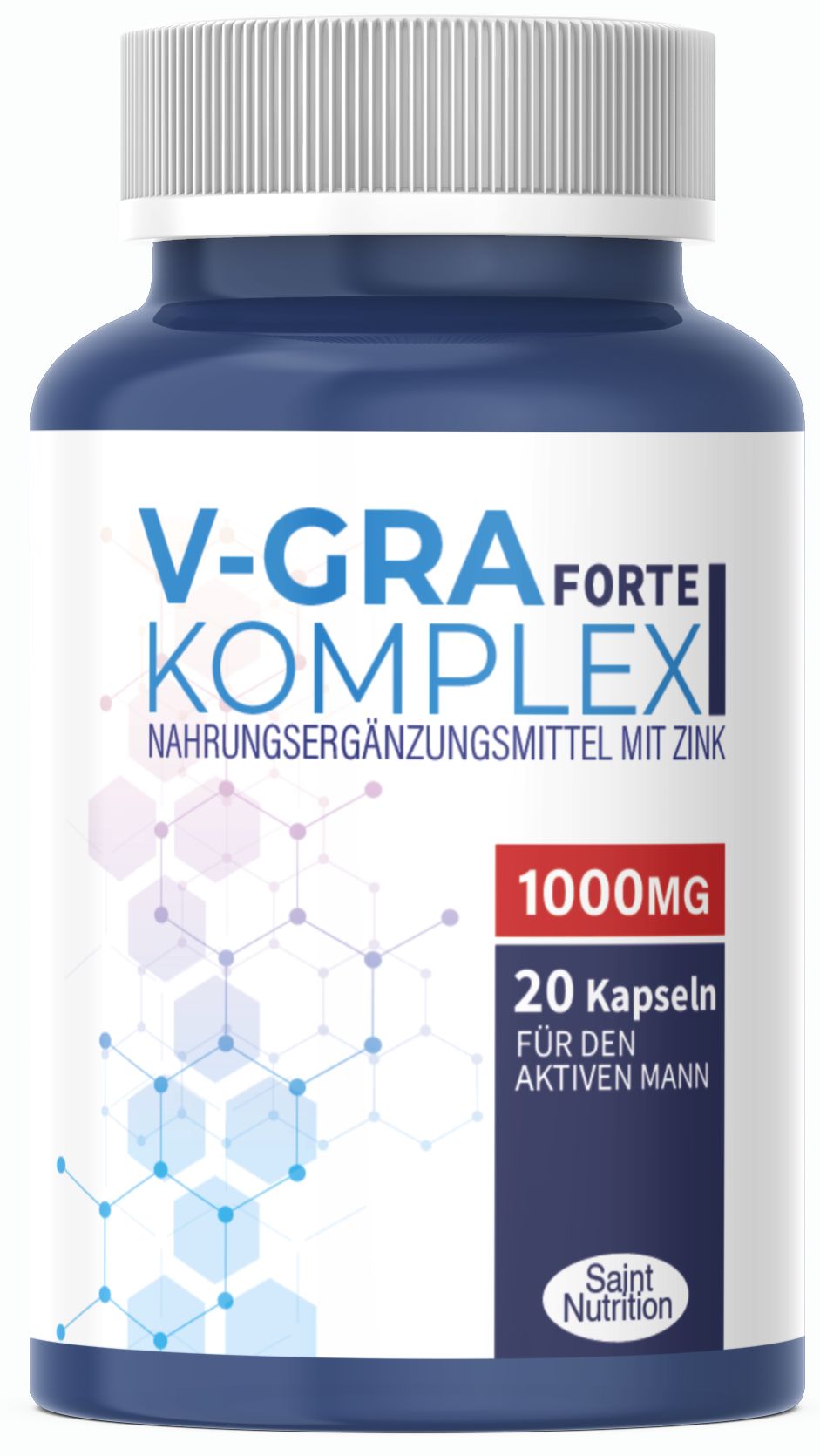 Bottiglia blu con tappo bianco. Scritta: V-GRA Forte Komplex, 1000mg, 20 capsule, per uomo attivo. Saint Nutrition.