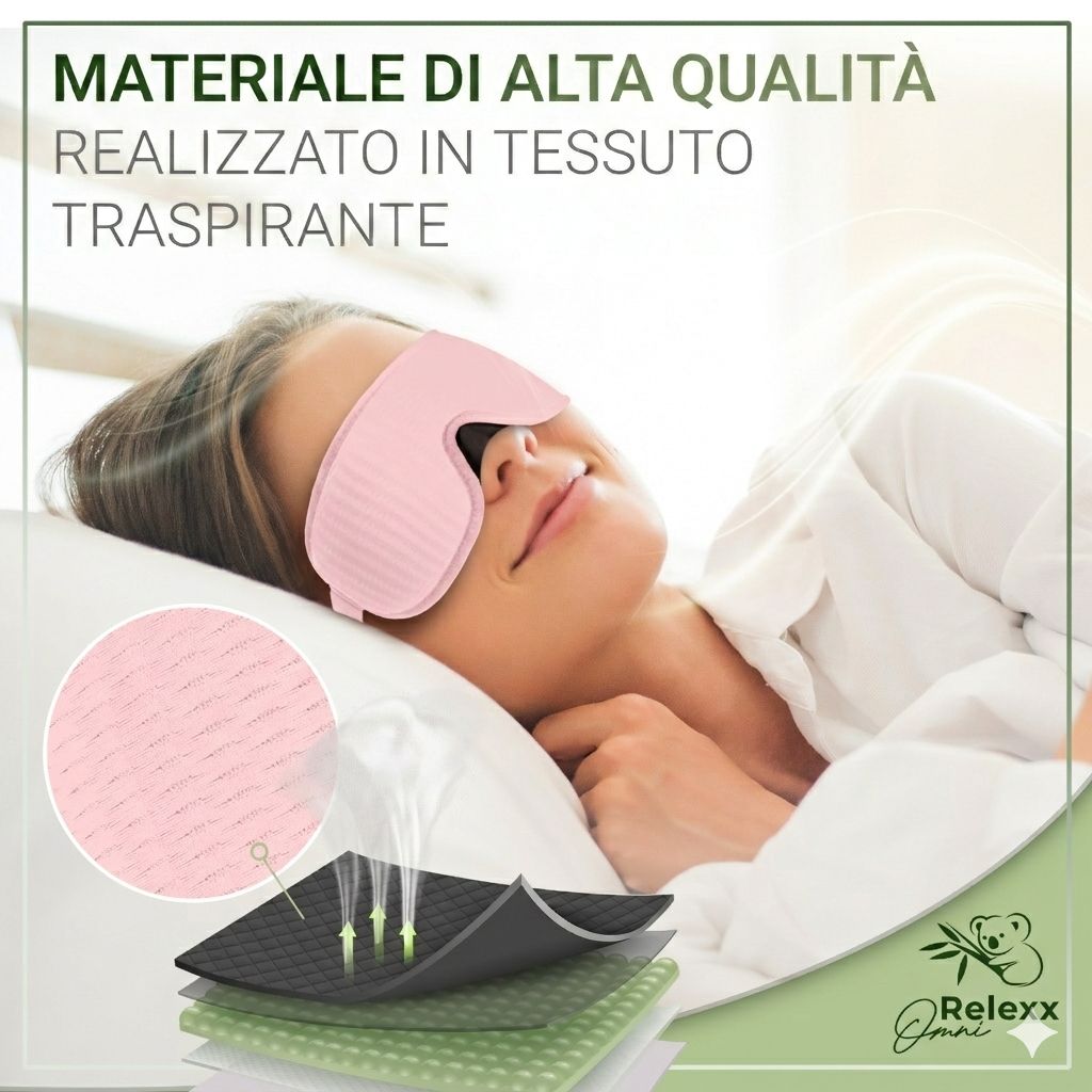 Donna che dorme con maschera per dormire rosa. Testo: Materiale di alta qualità in tessuto traspirante. Marchio OmniRelexx.