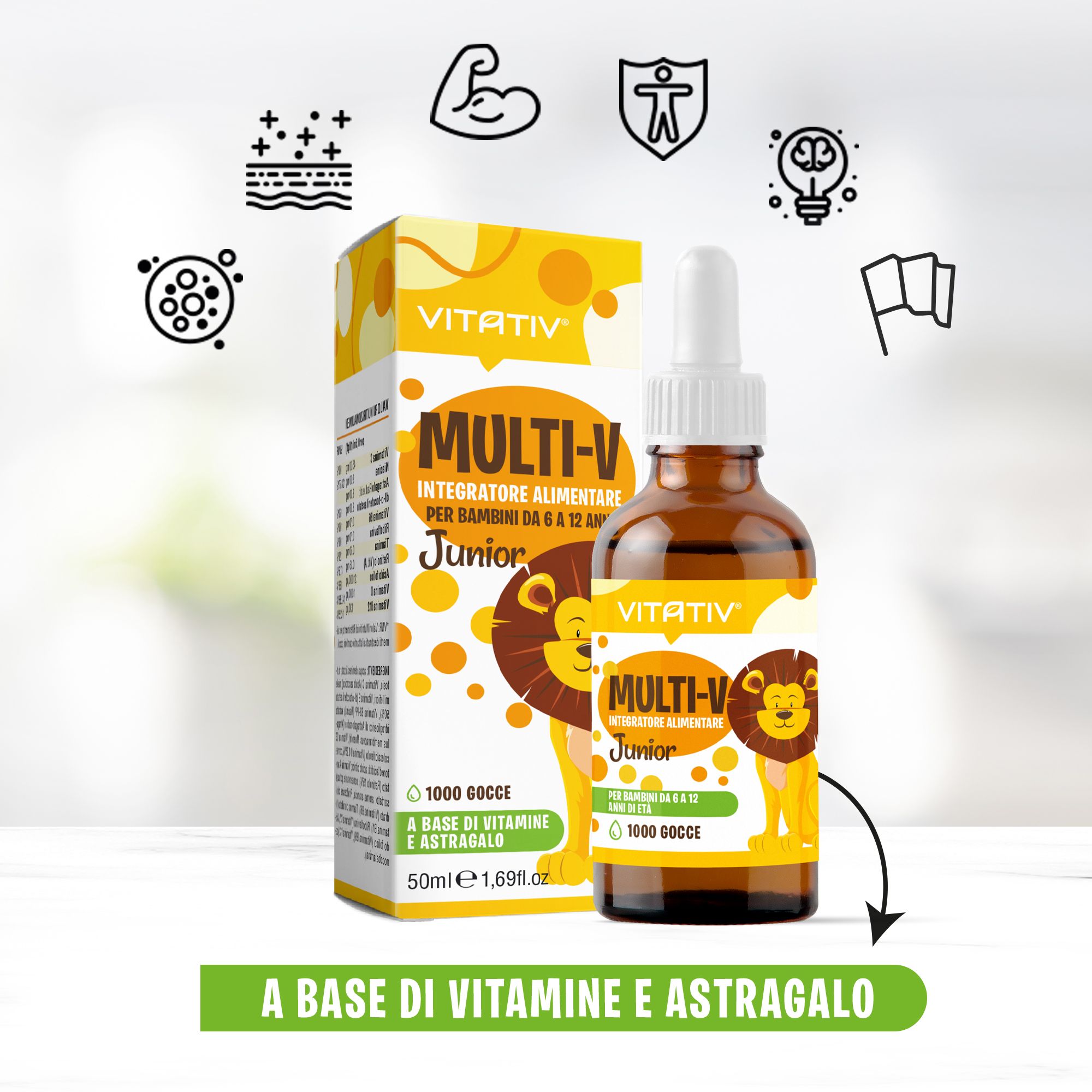 Flacone e confezione VITATIV® MULTI-V Junior. Contiene 1000 gocce. Con astragalo e vitamine.