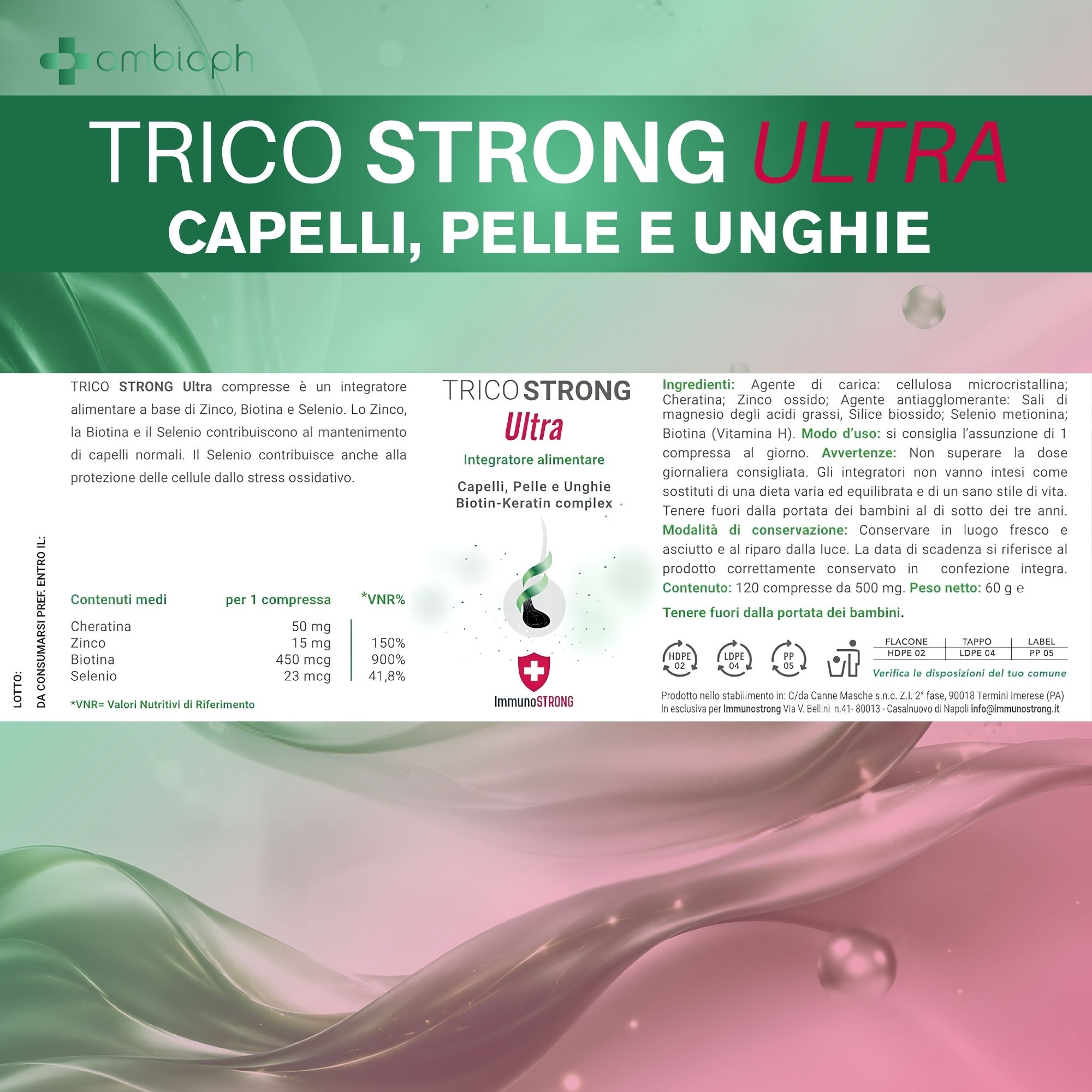 Retro della confezione TricoSTRONG Ultra con ingredienti e informazioni nutrizionali.