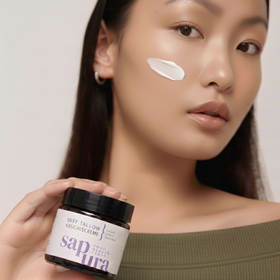 Donna tiene vasetto di crema. Crema applicata sul viso. Scritta: BEEF TALLOW GESICHTSCREME. Marchio: sapura.
