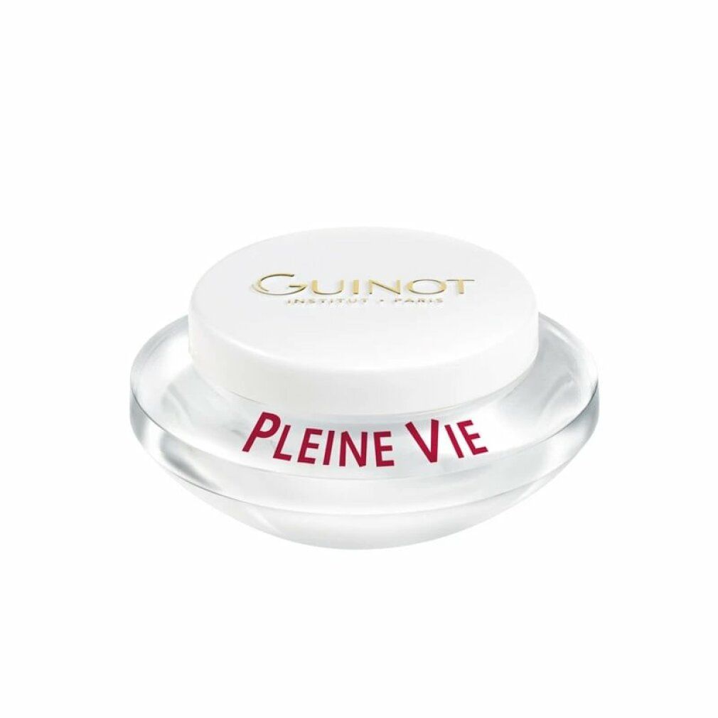 Vaso di crema trasparente con coperchio bianco. "GUINOT" e "PLEINE VIE" visibili.