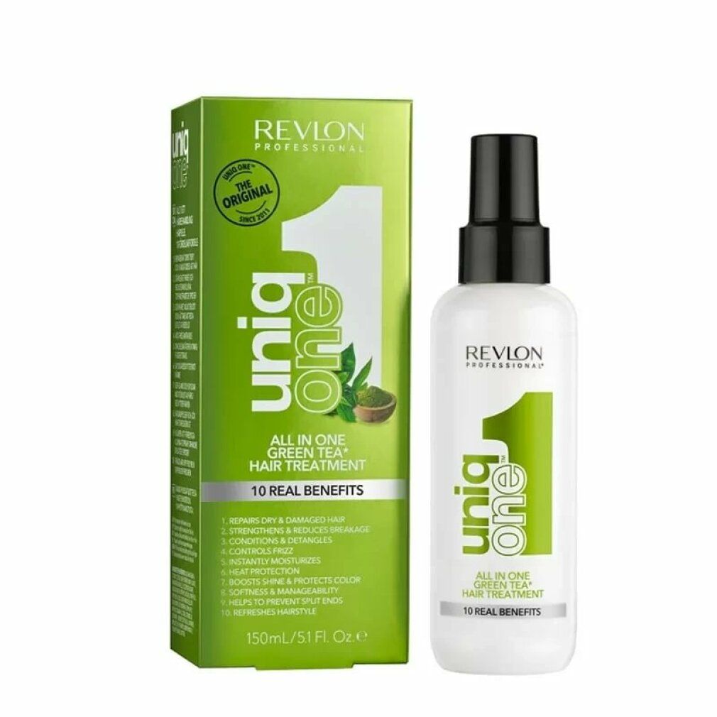 Flacone e confezione. Scritta: Uniq One, Green Tea Hair Treatment. 10 benefici reali. Confezione verde.