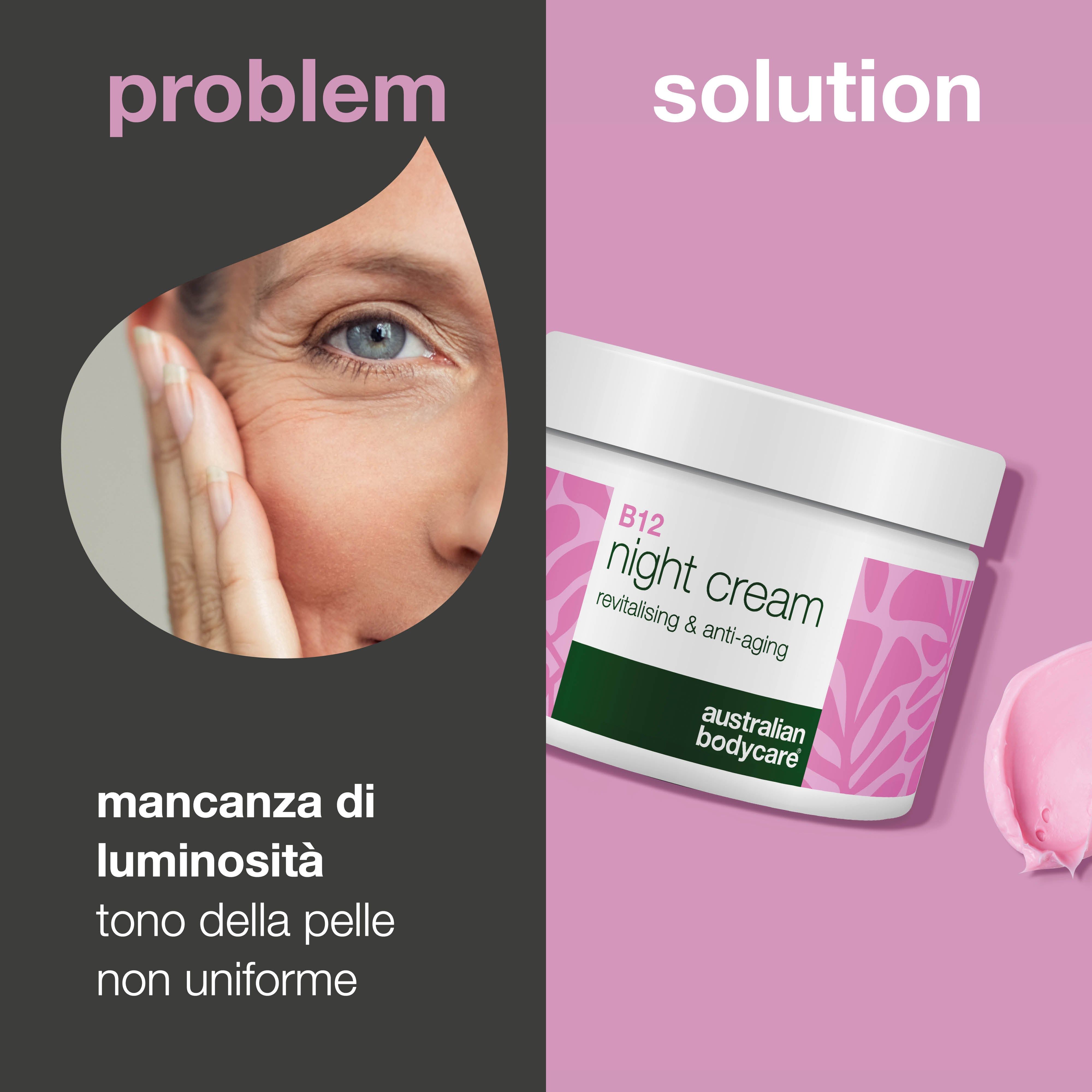 Volto di donna. Sinistra: problema, destra: soluzione. B12 Night Cream. Australian Bodycare.