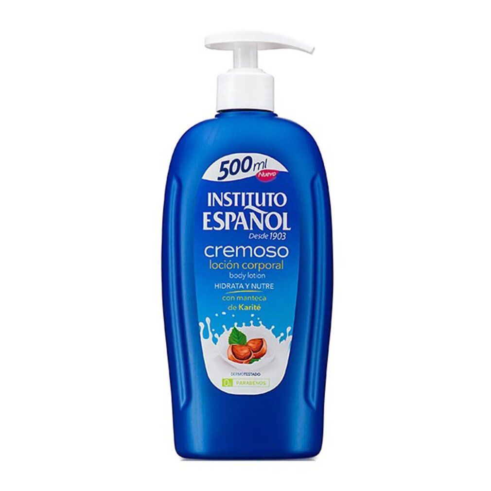 Flacone blu con dosatore bianco. Scritta: Instituto Español, crema corpo. Contenuto 500ml.