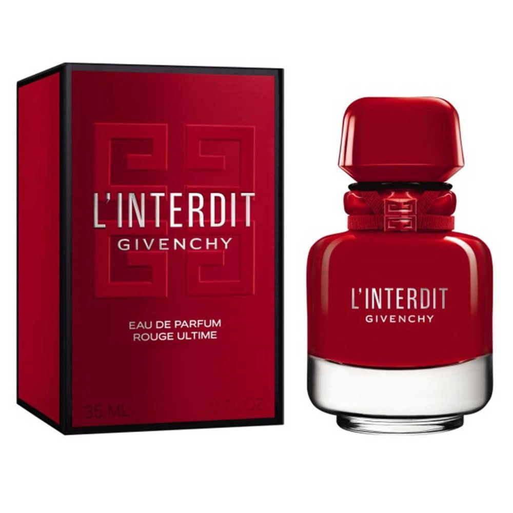 Flacone e confezione rossi Givenchy L'Interdit Rouge Ultime. Flacone con anello argentato e tappo rosso. Scatola con logo.