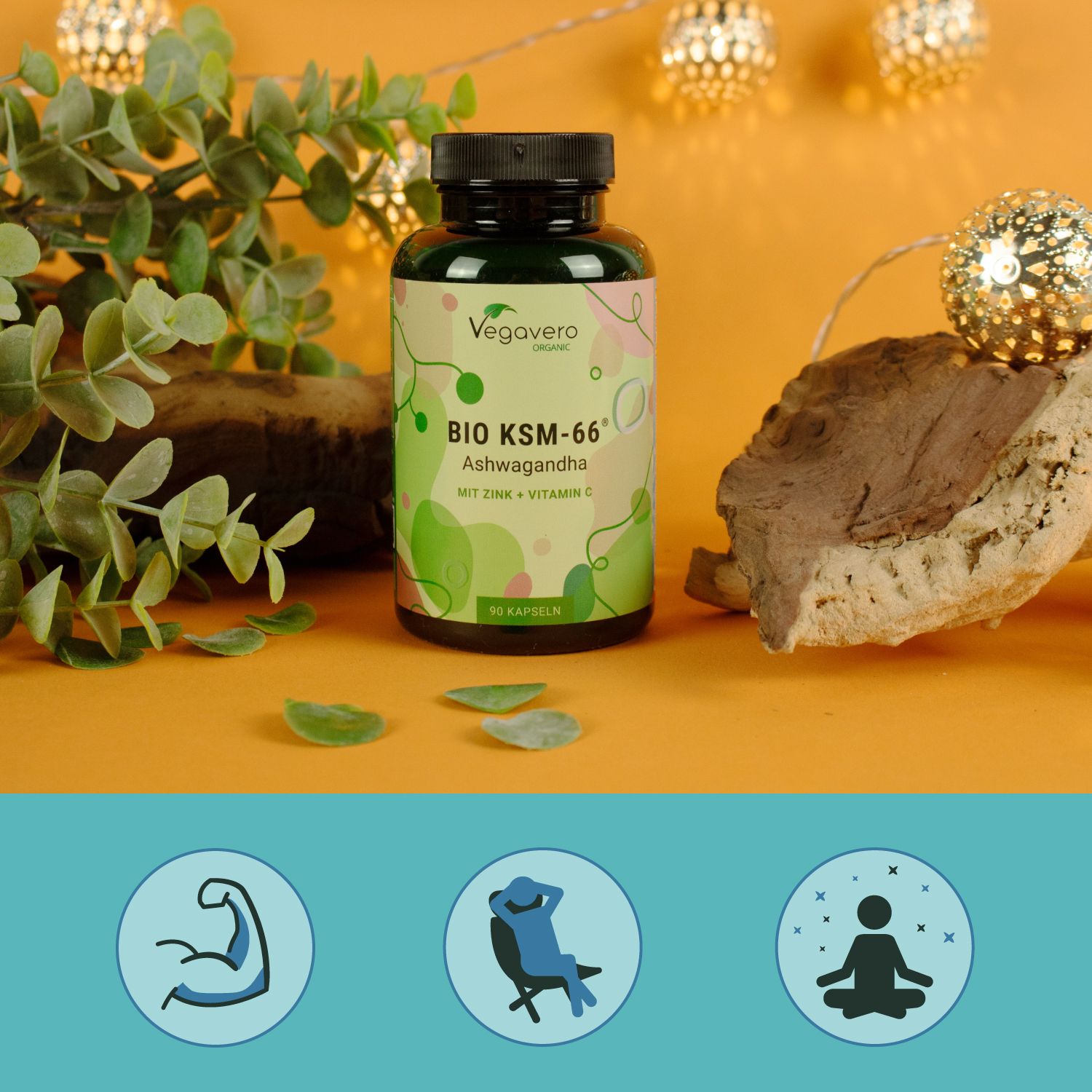 Flacone del prodotto con scritta BIO KSM-66 Ashwagandha. Decorazione con foglie e luci. Sfondo: arancione.