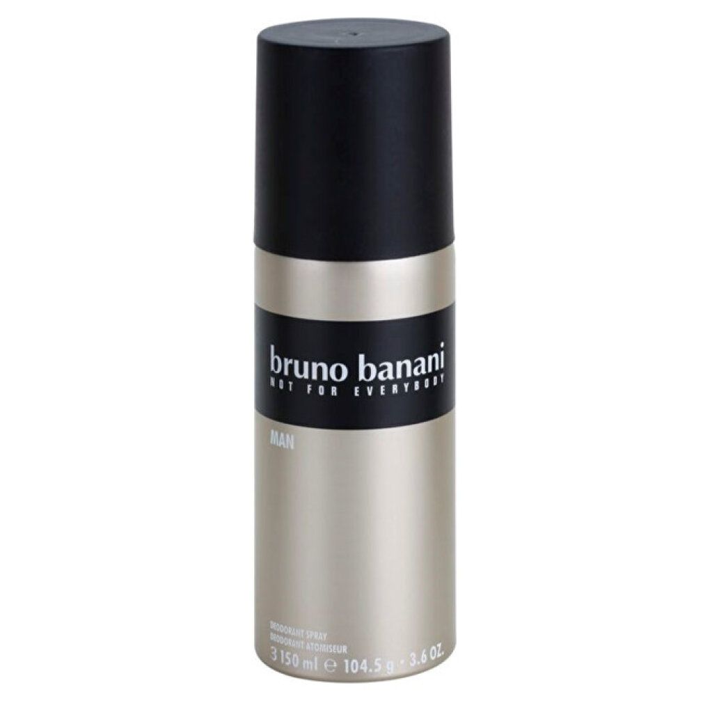 Spray deodorante Bruno Banani. Flacone cilindrico, tappo nero e logo.