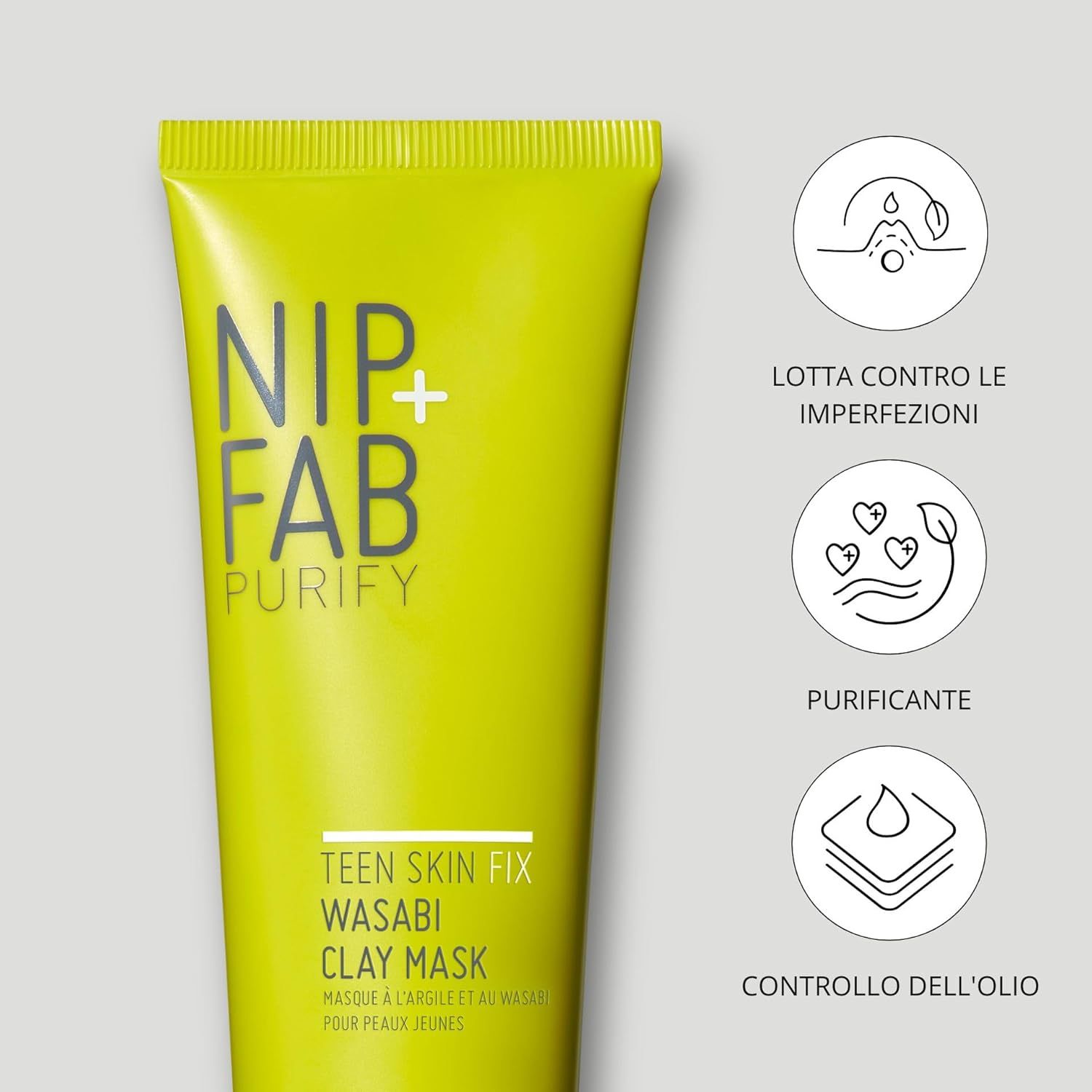 Tubo verde con scritta: NIP+FAB PURIFY, Teen Skin Fix Wasabi Clay Mask. Icone: Lottano le imperfezioni, Purificante, Controllo dell'olio.