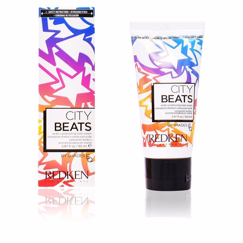 Confezione e tubo "CITY BEATS" e "REDKEN". Design sfumato con stelle. Contiene "acidic conditioning color cream".