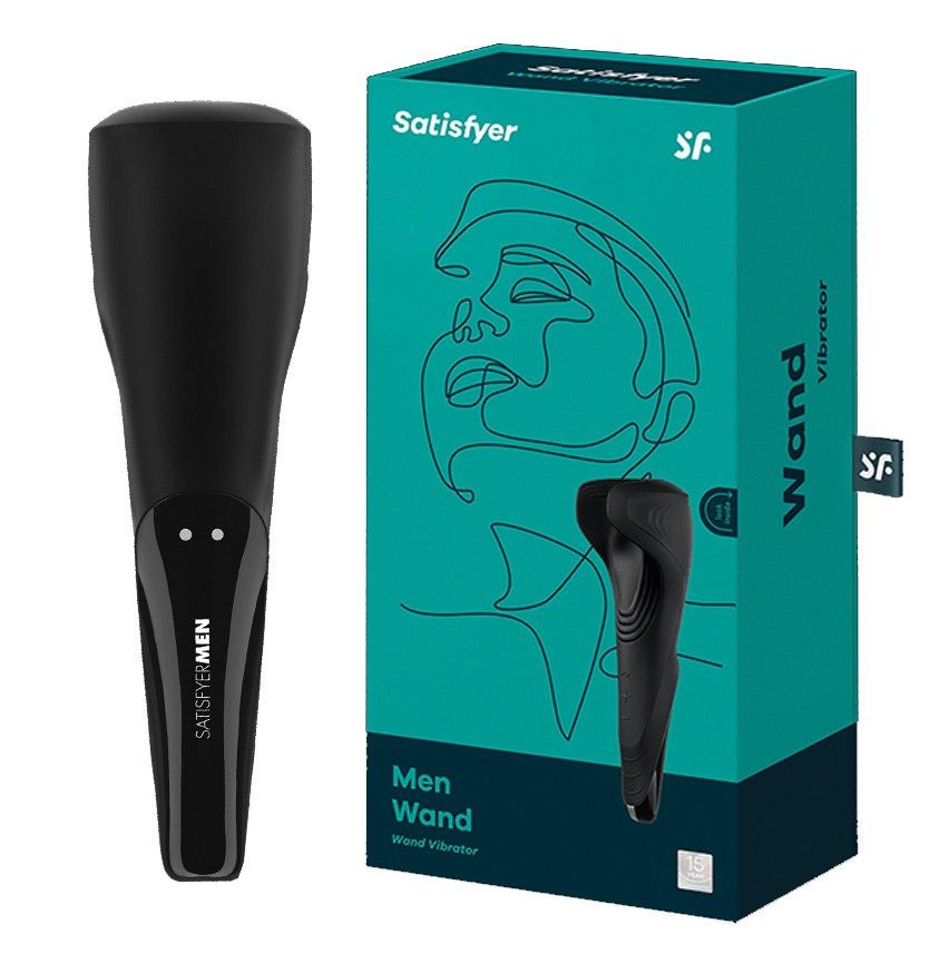 Vibratore Satisfyer Men Wand e confezione. Vibratore nero con scritta.